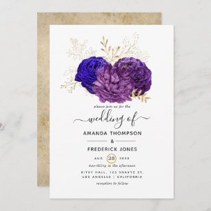 Purple, Royal Blue and Gold Floral Wedding Invitation