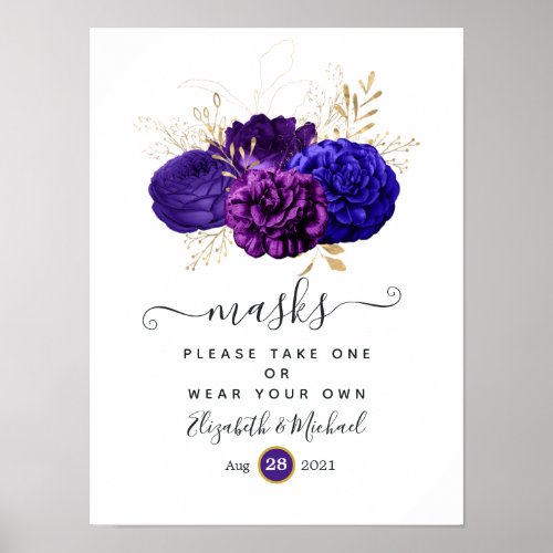 Purple Royal Blue and Gold Floral Wedding Masks Poster