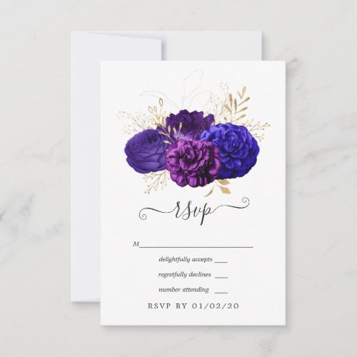 Purple Royal Blue and Gold Floral Wedding RSVP Card