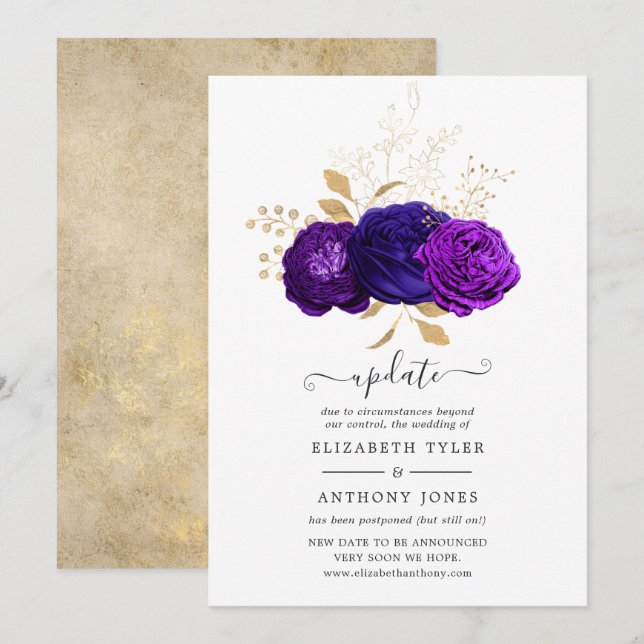 Purple, Royal Blue and Gold Floral Wedding Update Invitation (Front/Back)