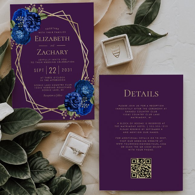 Purple Royal Blue Floral Gold Geo QR Code Wedding Invitation (Creator Uploaded)