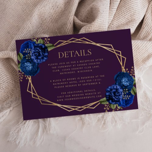 Purple Royal Blue Floral Gold Geo Wedding Details RSVP Card