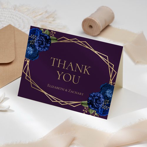 Purple Royal Blue Floral Gold Geo Wedding Thank You Card