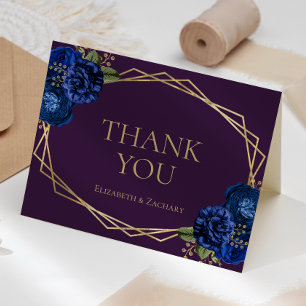 Purple Royal Blue Floral Gold Geo Wedding Thank You Card