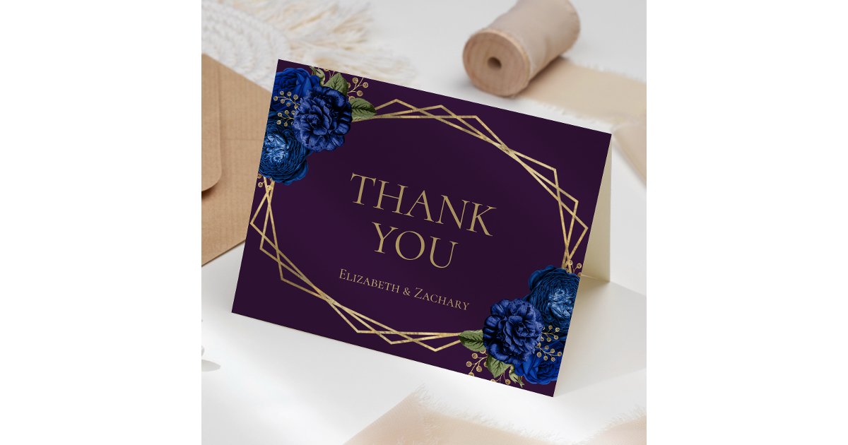 Purple Royal Blue Floral Gold Geo Wedding Thank You Card | Zazzle