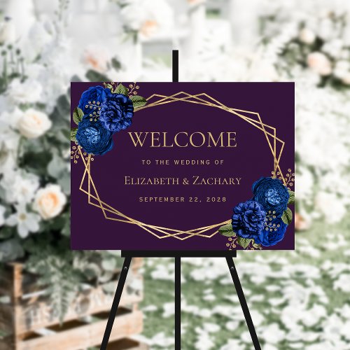 Purple Royal Blue Floral Gold Geo Wedding Welcome Foam Board
