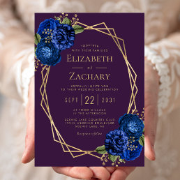 Purple Royal Blue Floral Gold Geometric Wedding Invitation