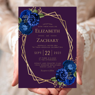 Purple Royal Blue Floral Gold Geometric Wedding Invitation