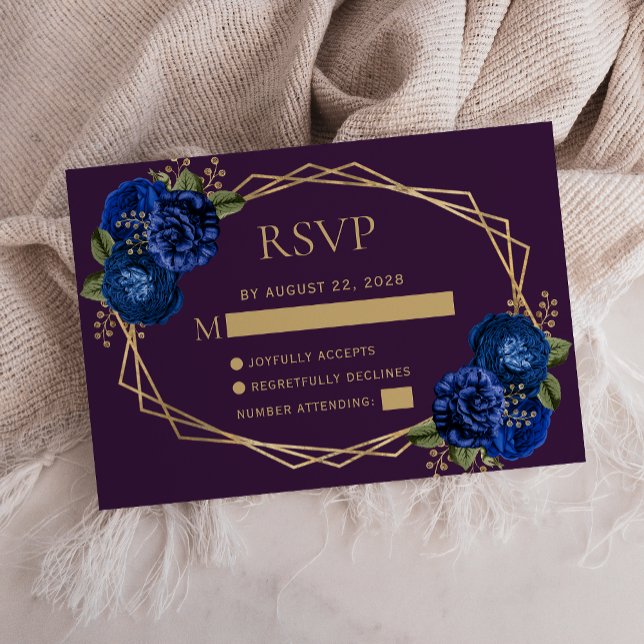 Purple Royal Blue Floral Gold Geometric Wedding RSVP Card (Creator Uploaded)