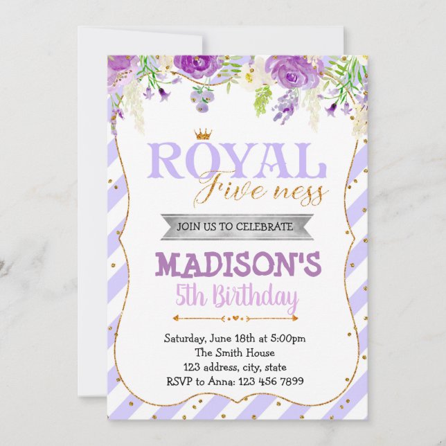 Purple royal fiveness party invitation (Front)