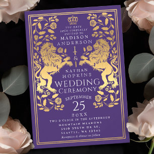 Purple Royal Lion Medieval Gold Wedding Invitation