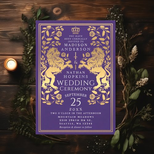 Purple Royal Lion Medieval Gold Wedding Invitation