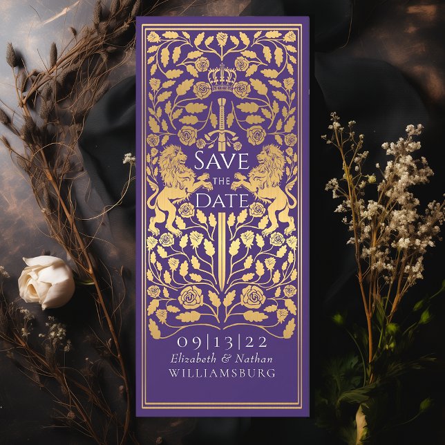 Purple Royal Lion Medieval Gold Wedding Invitation (Creator Uploaded)
