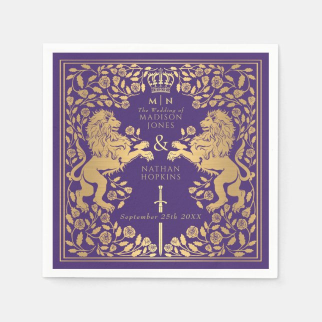 Purple Royal Lion Medieval Sword Wedding  Napkins (Front)