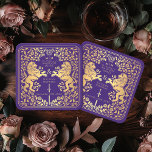 Purple Royal Lion Medieval Sword Wedding Square Paper Coaster<br><div class="desc">Add royal charm to your tablescape! These custom wedding coasters feature a majestic lion and floral design with your names and monogram, all in luxurious gold against a purple background. Perfect for a medieval fantasy celebration with timeless elegance! The gold featured on this item is NOT real foil and is...</div>