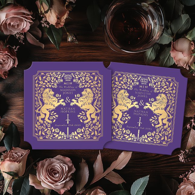 Purple Royal Lion Medieval Sword Wedding Ticket Paper Coaster (Creator Uploaded)