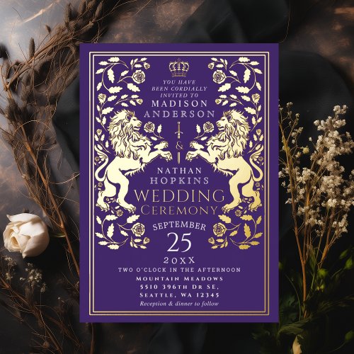 Purple Royal Lion Medieval Wedding  Foil Invitation