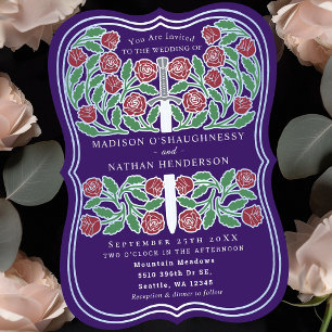 Purple Royal Medieval Floral Silver Sword Wedding Invitation