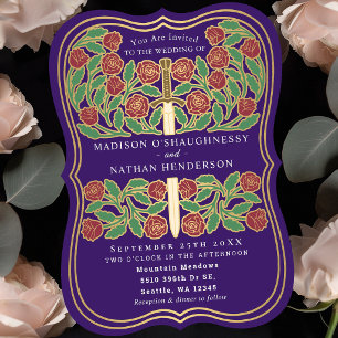 Purple Royal Medieval Floral Sword Wedding Invitation