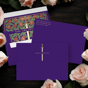 Purple Royal Medieval Gold Floral Sword Wedding Envelope