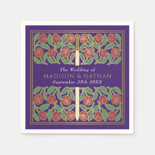 Purple Royal Medieval Gold Floral Sword Wedding Napkins