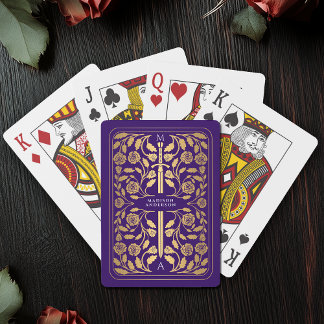 Purple Royal Medieval Gold Sword Monogram Poker Cards