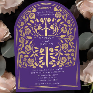 Purple Royal Medieval Gold Sword Wedding Arch Invitation