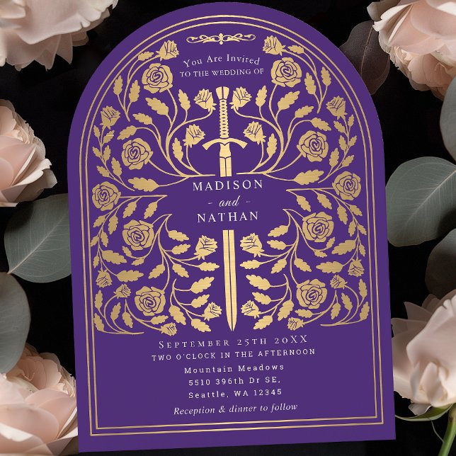 Purple Royal Medieval Gold Sword Wedding Arch Invitation (Creator Uploaded)