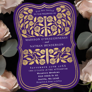 Purple Royal Medieval Gold Sword Wedding Invitation