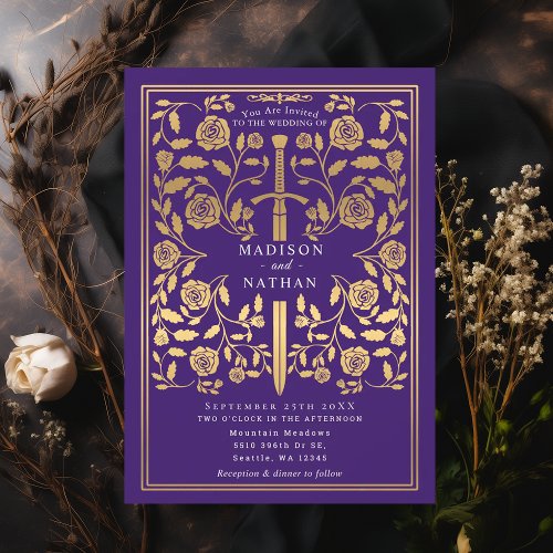 Purple Royal Medieval Gold Sword Wedding Invitation