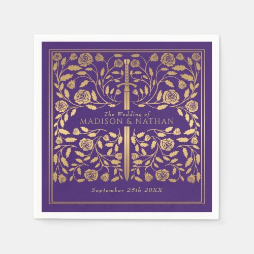 Purple Royal Medieval Gold Sword Wedding Napkins