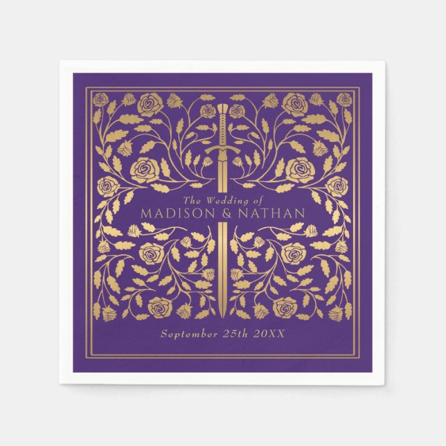 Purple Royal Medieval Gold Sword Wedding Napkins (Front)