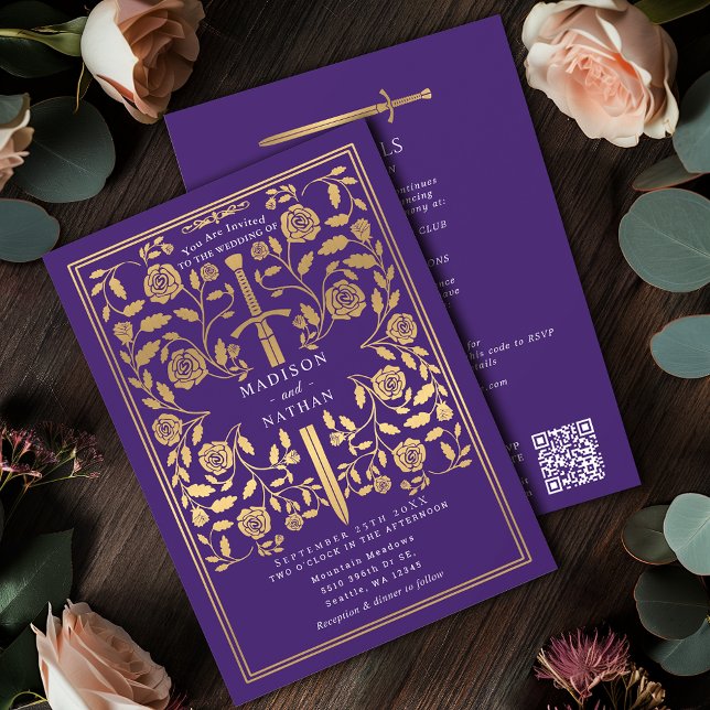 Purple Royal Medieval Gold Sword Wedding QR Code Invitation (Creator Uploaded)