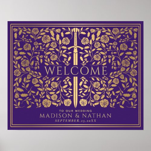 Purple Royal Medieval Gold Sword Wedding Welcome Poster