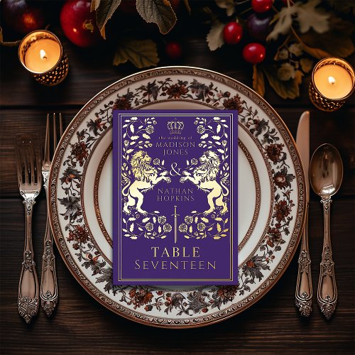 Purple Royal Medieval Lion Wedding Foil Table Card