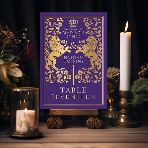 Purple Royal Medieval Lion Wedding  Table Number
