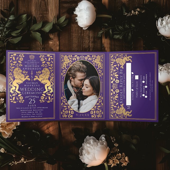 Purple Royal Medieval Lion Wedding Tri-Fold Invitation (Creator Uploaded)
