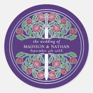 Purple Royal Medieval Silver Sword Wedding Classic Round Sticker