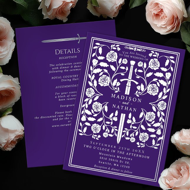 Purple Royal Medieval Silver Sword Wedding Details Foil Invitation (Creator Uploaded)