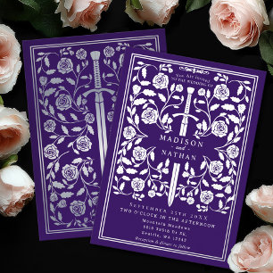 Purple Royal Medieval Silver Sword Wedding Foil Invitation