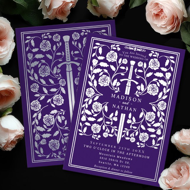 Purple Royal Medieval Silver Sword Wedding Foil Invitation (Creator Uploaded)