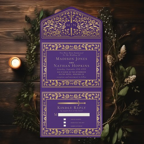 Purple Royal Medieval Sword Wedding  All In One Invitation