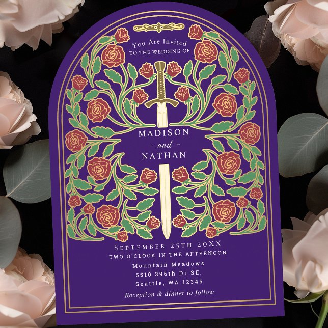 Purple Royal Medieval Sword Wedding Arch Invitation (Creator Uploaded)