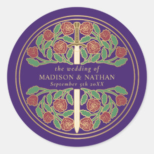 Purple Royal Medieval Sword Wedding  Classic Round Sticker