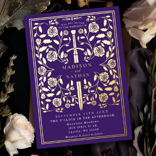 Purple Royal Medieval Sword Wedding Foil Invitation