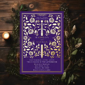 Purple Royal Medieval Sword Wedding Foil Invitation