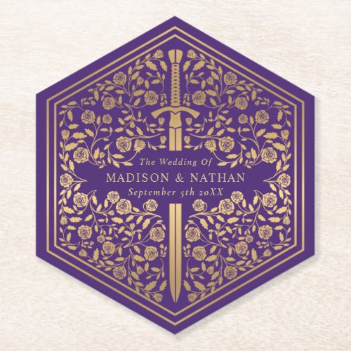Purple Royal Medieval Sword Wedding Paper Coaster
