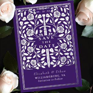 Purple Royal Medieval Sword Wedding Save the Date Foil Invitation