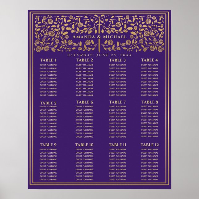Purple Royal Medieval Sword Wedding Seating Chart (Front)