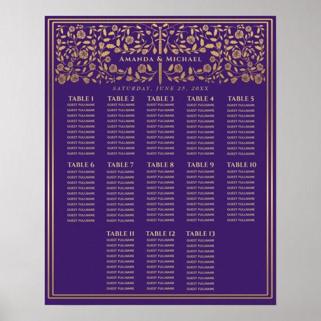 Purple Royal Medieval Sword Wedding Seating Chart (Front)